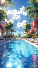 Azure Swimming Pool and Loungers Framed by Palm Trees and Bougainvillea Under Sunny Blue Sky