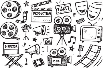 Film production and cinema icons doodle film reel clapperboard