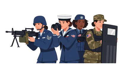 Detailed illustration related to women in uniform military illustration, including elements like Teamwork, Gun, Patriotism, Military.