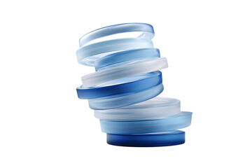Abstract minimalist blue with a stack of plastic circular jars overlapping each other at different angles in a spiral shape. 3D rendering illustration.
