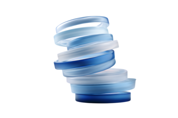 Abstract minimalist blue with a stack of plastic circular jars overlapping each other at different angles in a spiral shape. 3D rendering illustration.
