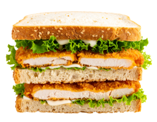 A delicious double-decker chicken sandwich layered with lettuce, mayonnaise, and crispy breaded chicken cutlets on multigrain bread isolated on transparent background.