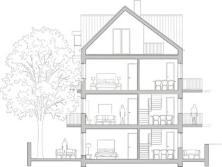 Architectural cross section drawing of a multi story house with furniture and a tree