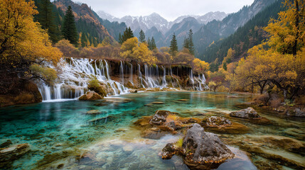 A photo of a dreamlike mountain valley, turquoise cascading lakes, tiered waterfalls between golden autumn trees, mist weaving through cliffs, distant snowy peaks. 