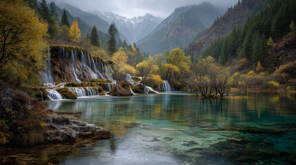 A photo of a dreamlike mountain valley, turquoise cascading lakes, tiered waterfalls between golden autumn trees. Crystal-clear reflections on water. 