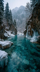 A serene winter landscape, frozen turquoise lakes beneath snow-draped trees, jagged cliffs with icicle-lined edges, blue shadows across snowbanks, soft ambient light, still air.