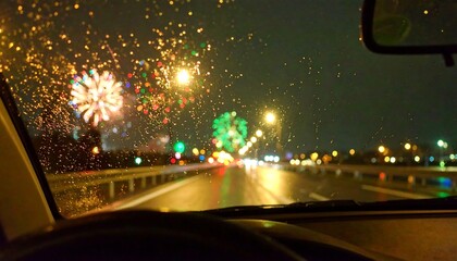 Fireworks seen through car windshield on a rainy night drive on the highway in the city