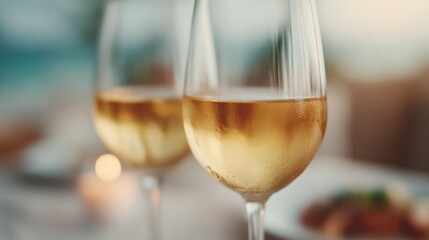 Fototapeta premium Two wine glasses on a table with a plate of food in front of them