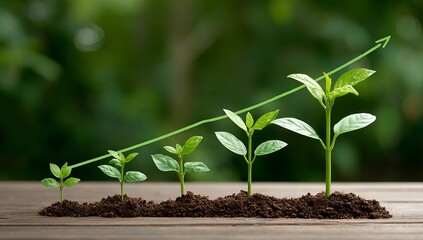The growth of plants in the soil, growing from small to large on an upward arrow-shaped graph with a green background, symbolizes eco-friendly and sustainable business practices.