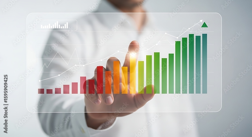 Poster a person interacting with a rising bar graph displayed on a transparent screen interface element