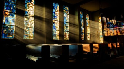 A peaceful church interior with stained glass windows, sunlight casting colorful patterns inside