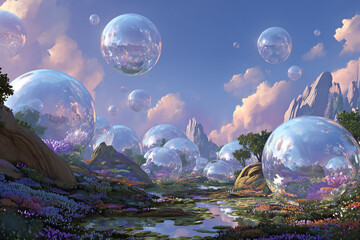 
Digital painting of surreal bubble worlds