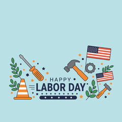 Labor Day. Modern Vector Banner with Tools and USA Flags