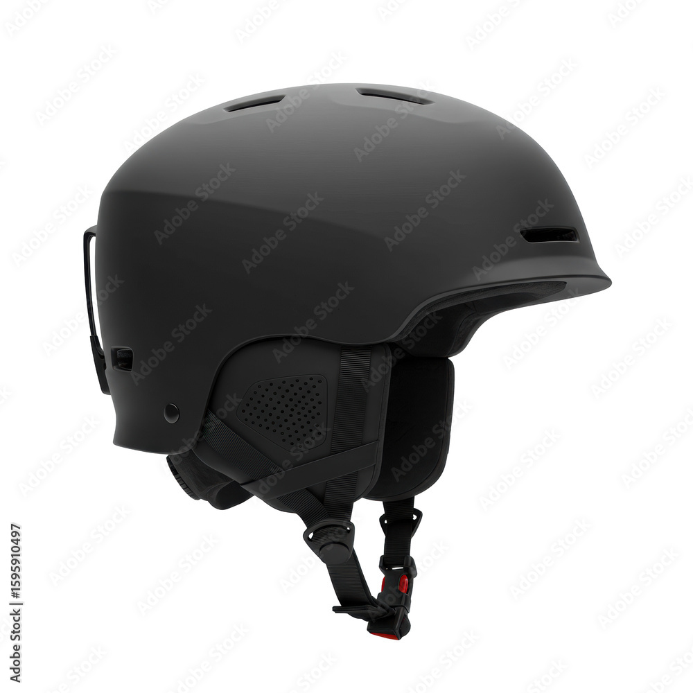 Poster a sleek matte black snowboard helmet in pristine condition, aerodynamic with ventilation grilles, di