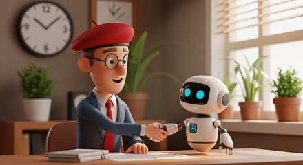 A friendly cartoon man wearing a red beret and glasses shakes hands with a cute robot in an office setting, symbolizing collaboration and technological advancement