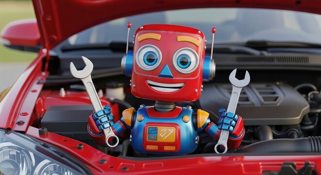 A friendly red robot mechanic with a wrench stands in front of an open car engine, ready to perform repairs and maintenance