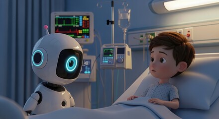 A friendly robot companion sits by the bedside of a young boy in a hospital room, offering comfort and support during his recovery
