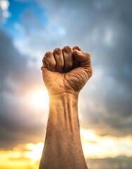 Raised fist in protest against a dramatic sunset sky symbolizes strength and determination