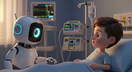 A friendly robot companion sits by the bedside of a young boy in a hospital room, offering comfort and support during his recovery