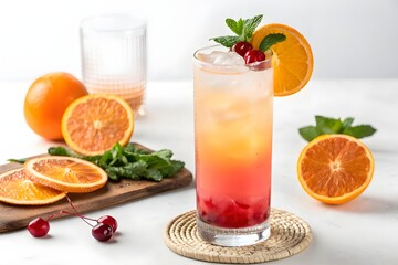 Refreshing layered orange and red cocktail with fresh fruit and mint garnish on a white surface