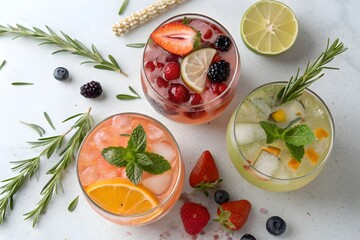 Refreshing summer cocktails garnished with fresh berries citrus and herbs on a white background