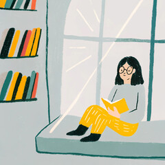 Dreamy Bookworm in a Cozy Library