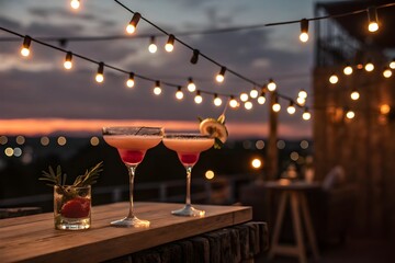 Two elegant cocktails served on a wooden table under a string of warm lights at dusk