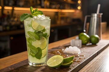 Refreshing mojito cocktail with fresh mint and lime garnishes on a bar counter