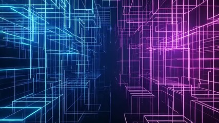 Abstract graphic design of glowing lines forming a network of interconnected cubes. - Powered by Adobe