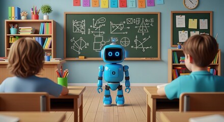 A friendly blue robot stands in front of a chalkboard filled with math equations, facing two young students sitting at their desks in a bright classroom
