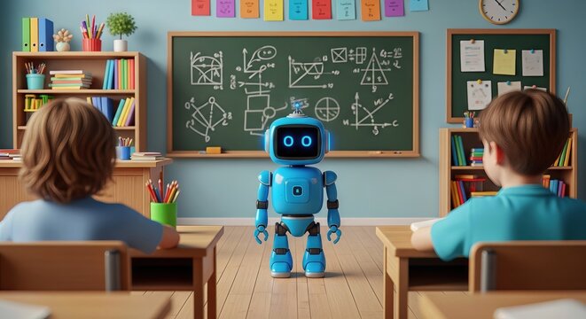 A friendly blue robot stands in front of a chalkboard filled with math equations, facing two young students sitting at their desks in a bright classroom