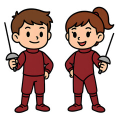 Cute Kids Clipart in Costume Themes, Children in Red Fencing Suits Holding Foils with Smiling Expressions and Ready to Compete in a Sporty Environment