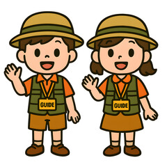Cute Kids Clipart in Costume Themes, Friendly cartoon guides in safari attire waving hello with smiles on their faces, promoting outdoor adventure and exploration for children