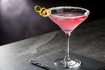 Elegant pink martini cocktail with salt rim and citrus garnish on a sophisticated bar surface