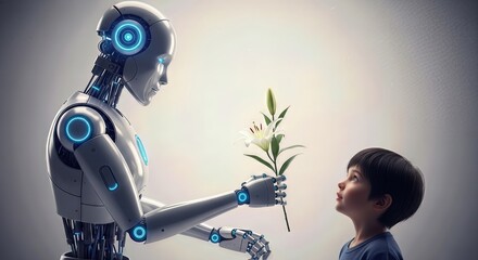 A futuristic robot gently offers a delicate white lily to a young boy, symbolizing a harmonious connection between artificial intelligence and humanity