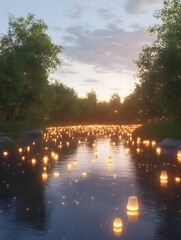 Obraz premium Serene River Sunset Floating Lanterns Peaceful Evening Nature Scene Tranquil Water Landscape Calm