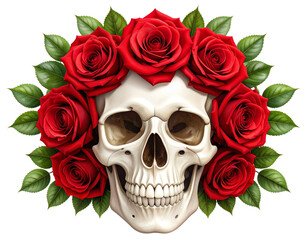 Skull with Crown of Roses, Front-Facing Artistic Composition, Dark Romantic Style, Transparent Background