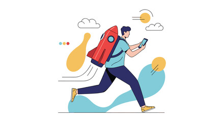 Innovative business startup launching new products with rocket backpack technology and digital connectivity