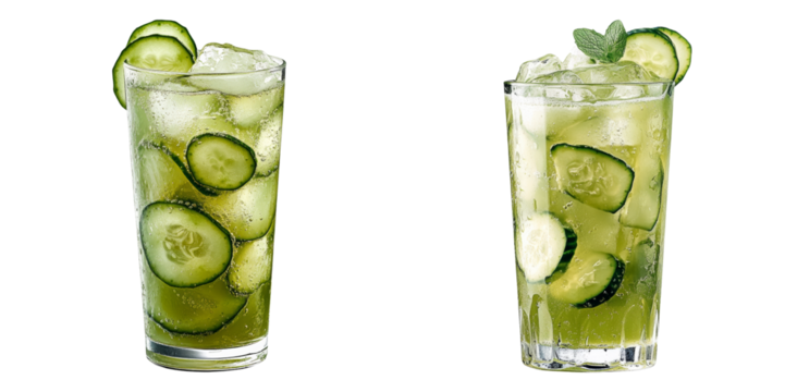 Cucumber lime drinks in clear glasses isolated on transparent PNG image perfect for detox beverage branding or summer menu designs