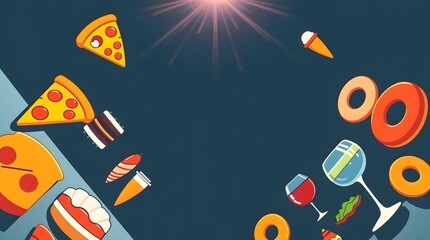 Cartoon food background vector illustration with pizza donuts wine and ice cream design