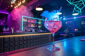 Vibrant cocktail with smoke and neon lights in a modern bar setting