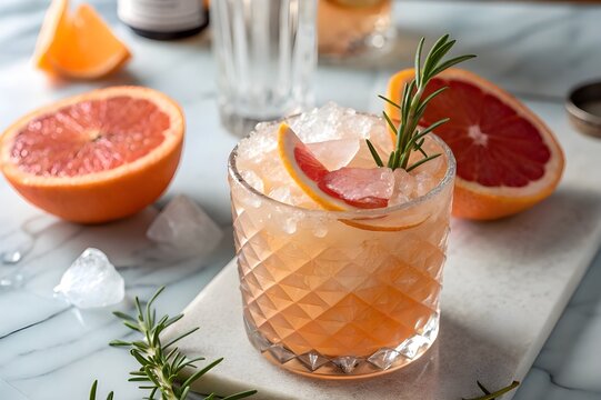 Refreshing grapefruit and rosemary cocktail garnished with citrus slices and fresh herbs