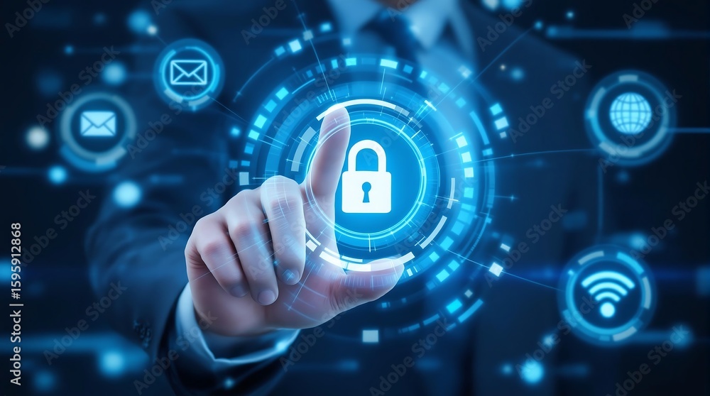 Poster man pointing at a digital padlock surrounded by email wifi and globe icons on a blue background