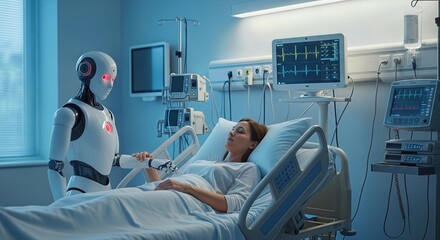 A futuristic robot with glowing red eyes gently holds the hand of a female patient lying in a hospital bed, surrounded by medical equipment and monitors