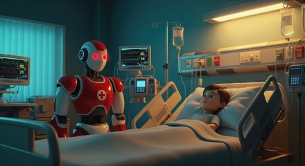 A futuristic medical robot with glowing red eyes stands beside a young patient lying in a hospital bed, surrounded by advanced medical equipment and monitors