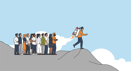 A person with a jetpack soars into the sky leaving a crowd of onlookers behind them on a hill