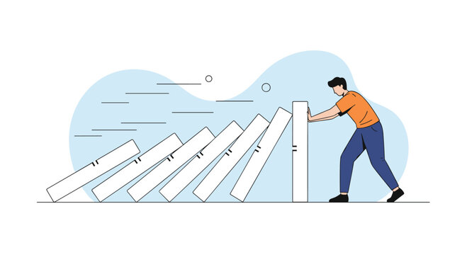 Man stopping a line of falling dominoes demonstrating impact of an individual's action in a chain reaction event