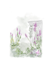 Watercolor illustration of Greenhouse and flower garden