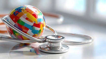 Colorful Globe and Stethoscope Representing Global Health and Care