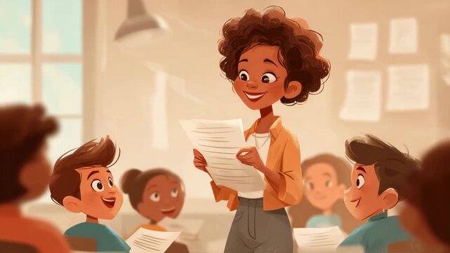 Happy Teacher Distributing Test Results to Students in Classroom